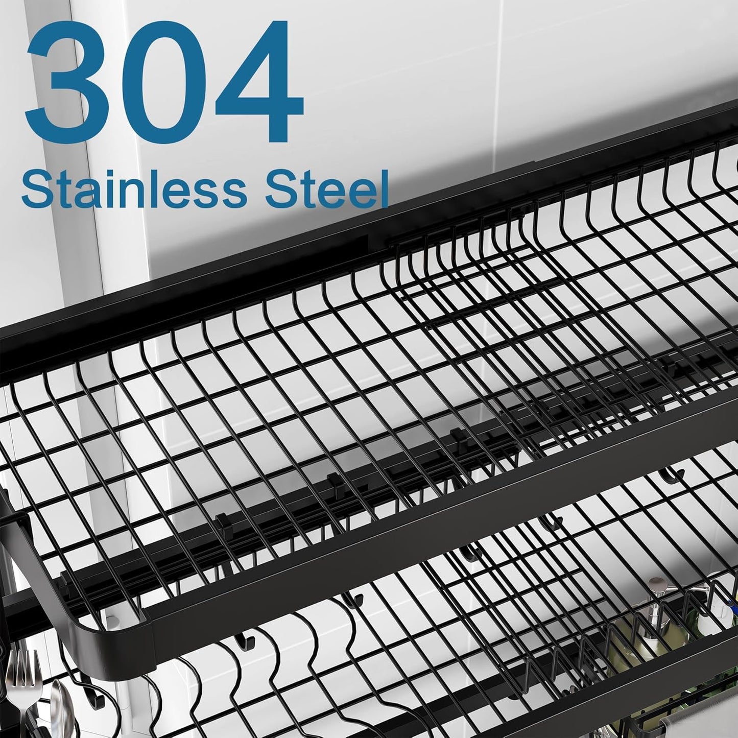 Over The Sink Dish Drying Rack,3 Tier Adjustable Length Full Stainless Steel Large Storage Kitchen Dish Rack,for Kitchen Counter Expandable Multifunctional Organizers,Silver(25.5'' to 37.4'')