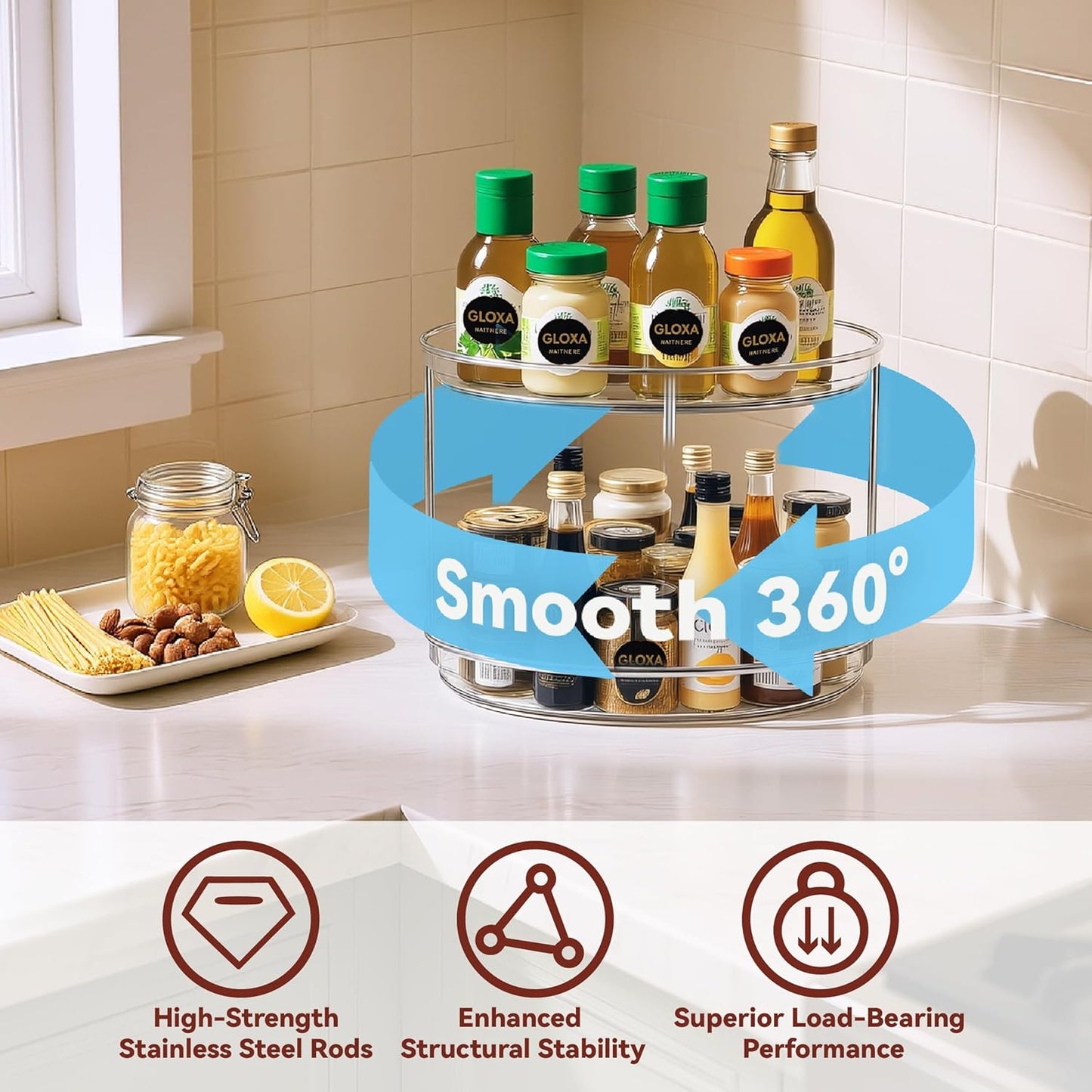 2 Tier Lazy Susan Turntable Organizer for Cabinet, 9.25'' Rotating Spice Rack Organization for Kitchen, Pantry, Bathroom, Vanity, Countertop, Medicine Storage, Seasoning Spice Organizer, 1 Pack