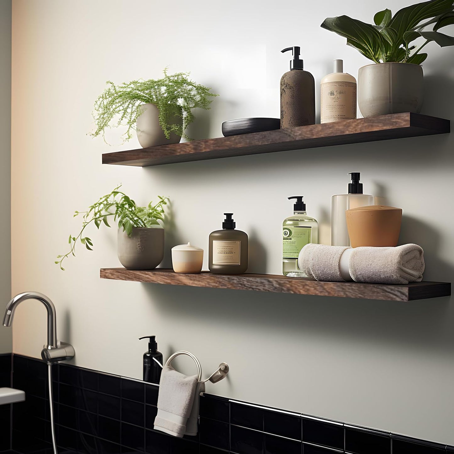 Wood Floating Shelves for Wall, Wooden Wall Shelves for Bedroom, Wall Mounted Shelves for Living Room, Set of 4 Brown 48 Inch