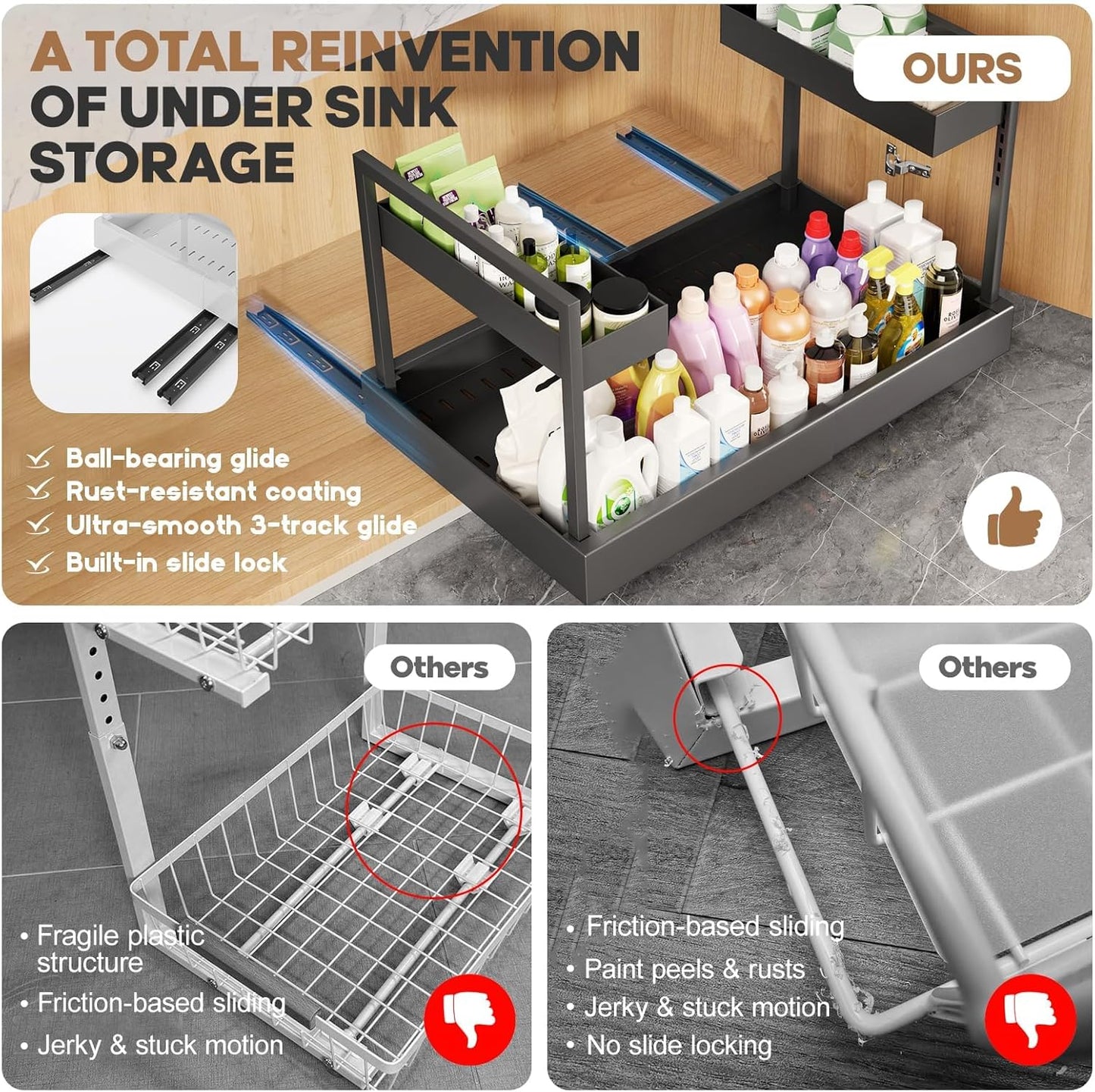 Expandable Under Sink Organizer with 3 Ball-Bearing Slide Rails , 2-Tier Pull-Out Under Cabinet Storage Shelf for Kitchen & Bathroom , Height-Adjustable Slide-Out Cabinet Drawer （Black, 1-Pack）