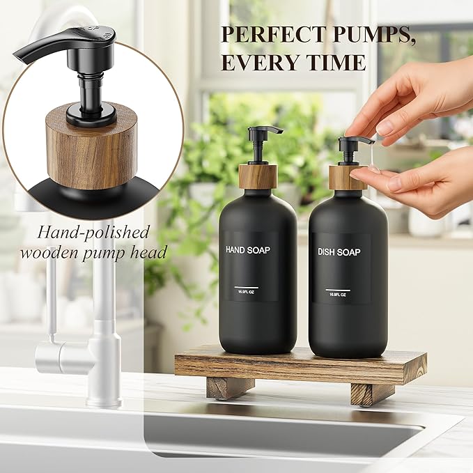 Cisily Black Soap Dispenser Set with Wooden Tray, Dish and Hand Soap Lotion Dispenser Set with Wooden Pump for Kitchen and Bathroom Decor for Counter, Modern Vintage Liquid Soap Dispensers
