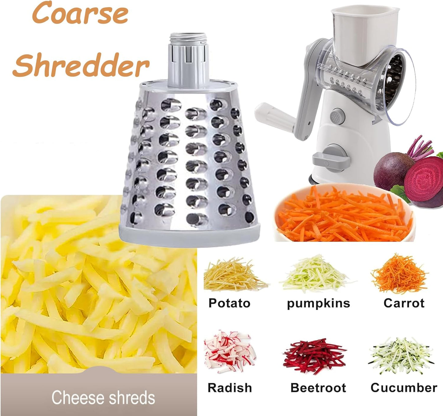 3-in-1 Rotary Cheese Grater Vegetable Slicer, 3 Interchangeable Blades Food Shredder with Anti-Slip Reinforced Suction Base, Kitchen Mandoline Chopper (White)
