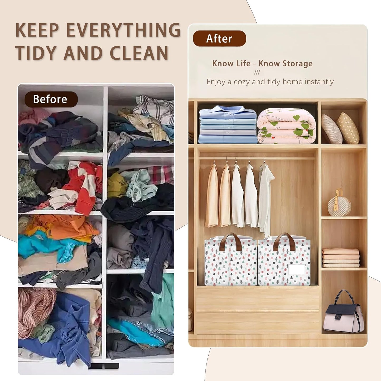 Foldable Collapsible Storage Bin with Pine Tree Design-17x11.5x10.5 Inch Organizer Basket for Home, Closet, Nursery-Single Pack, No Lid Space-Saving Storage Box