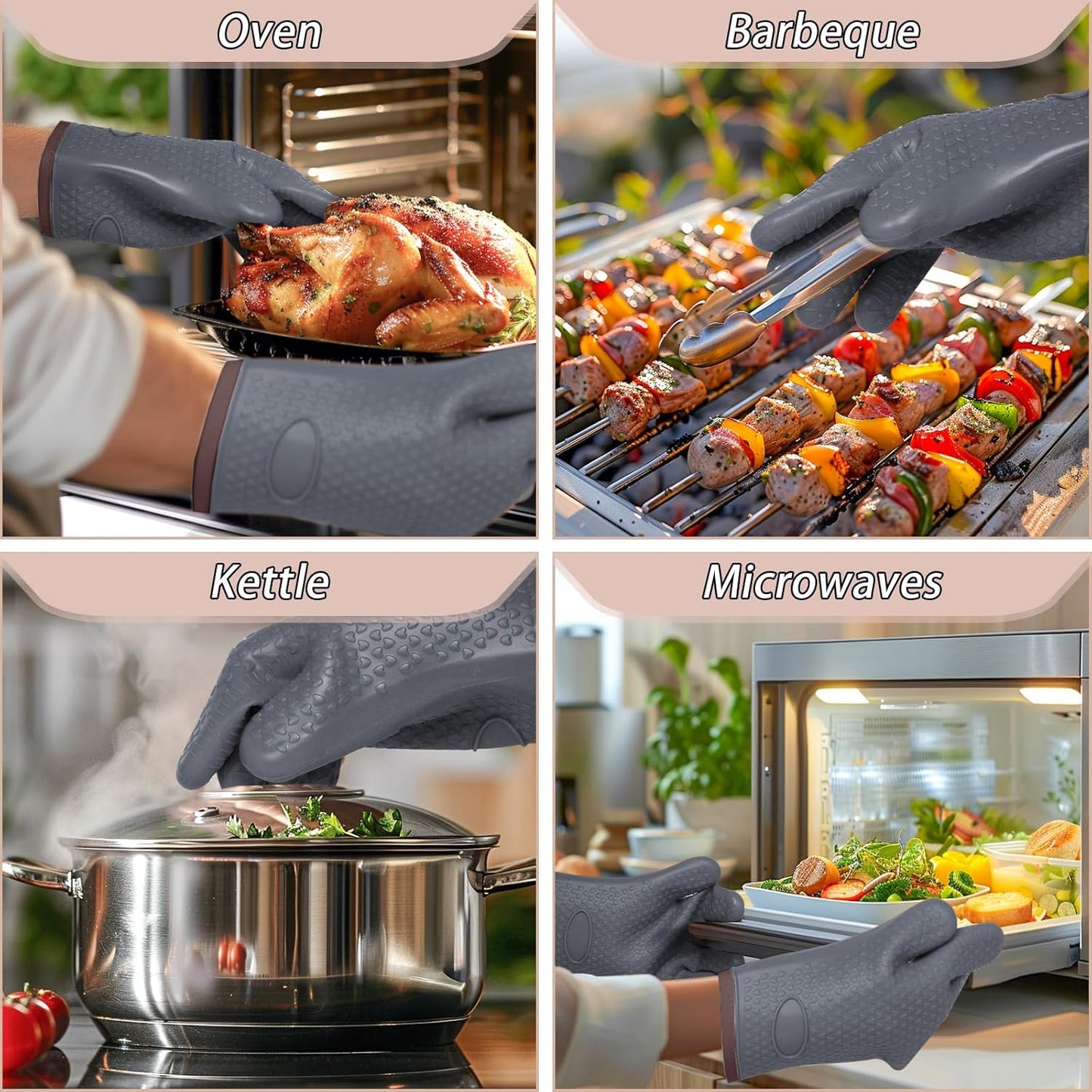 Oven Mitts with Fingers, Heat Resistant 500°F, Waterproof & Non-Slip Kitchen Gloves for Baking, Grilling, Cooking.5-Finger Design with Soft Lining, Hanging Hook,Gray