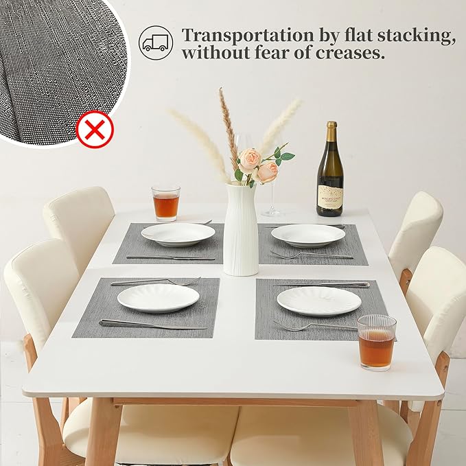 Leetaltree Grey Placemats, Heat Resistant Non-Slip Place mats for Dining Table, Washable Durable PVC Vinyl Woven Table Mats (Set of 12)