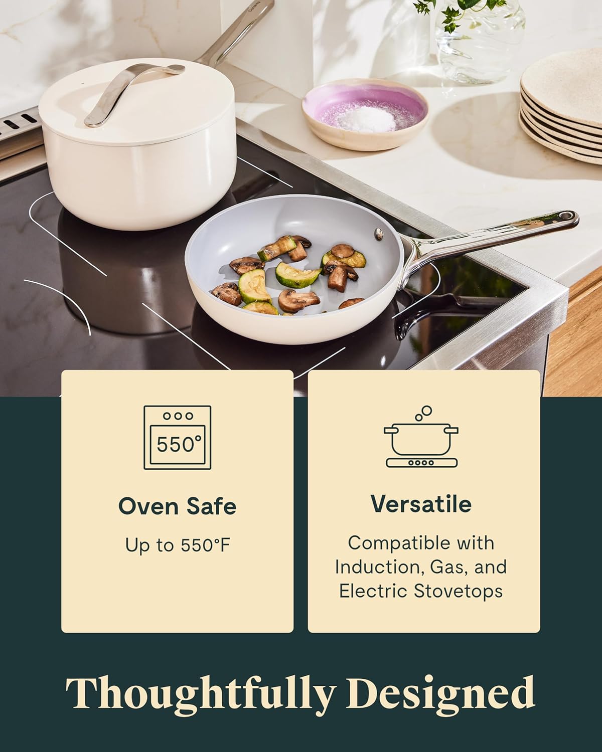 Caraway Mini Cookware Set - Non-Stick Ceramic Fry Pan (1.05 qt, 8") Sauce Pan (1.75 qt) & Storage Rack - Non Toxic, PTFE & PFOA Free - Oven Safe & Stovetop Agnostic (Gas, Electric & Induction) - Cream