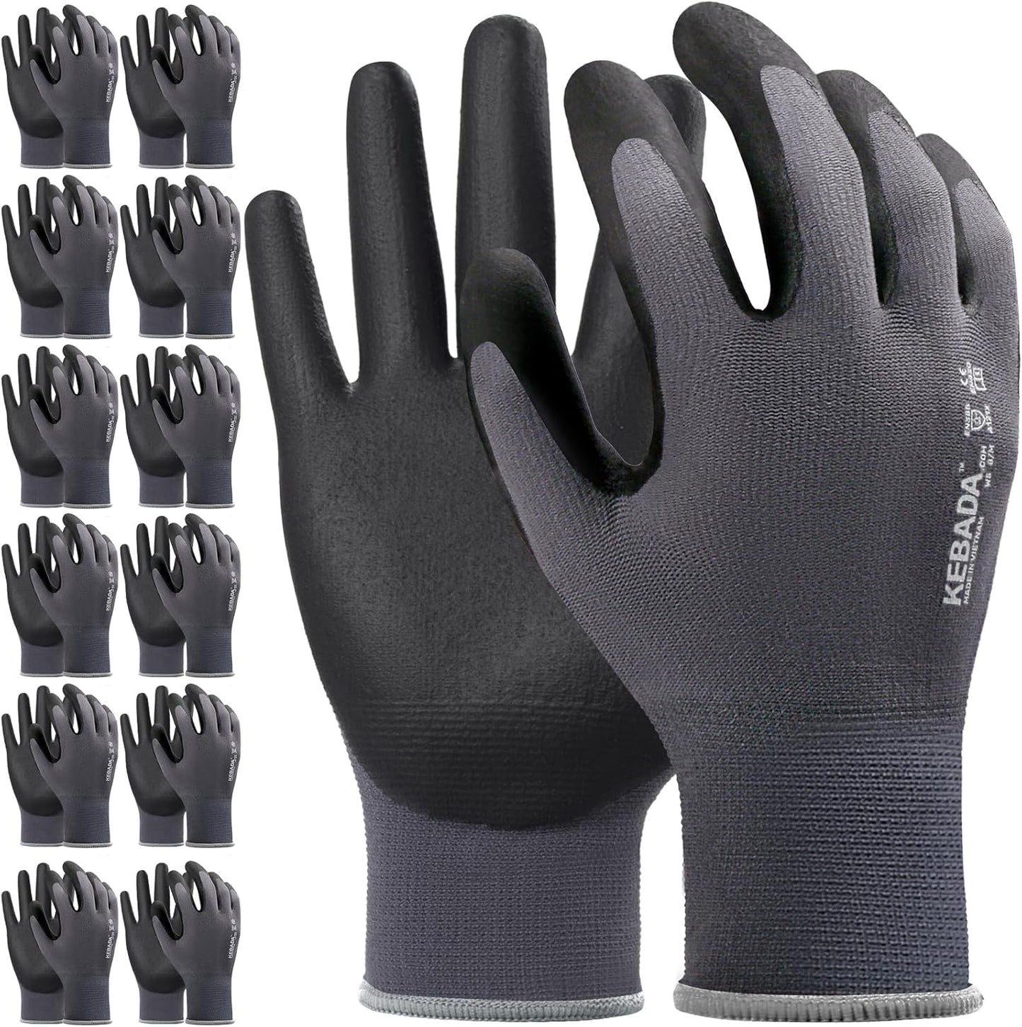 12 Pairs Work Gloves for Men and Women, Nitrile Coated Safety Protective Gloves with Grip, Ideal for Gardening, Warehouse, Mechanic, Light Duty Construction Work,Large