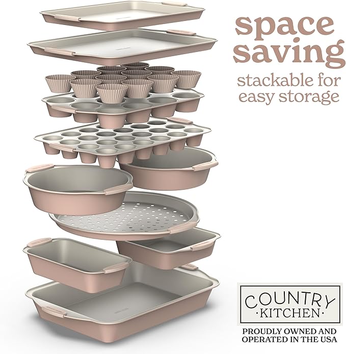 Country Kitchen Nonstick Stackable Bakeware Set - Durable, Easy Release Baking Set- 22 Pc. Includes Silicone Muffin Cups