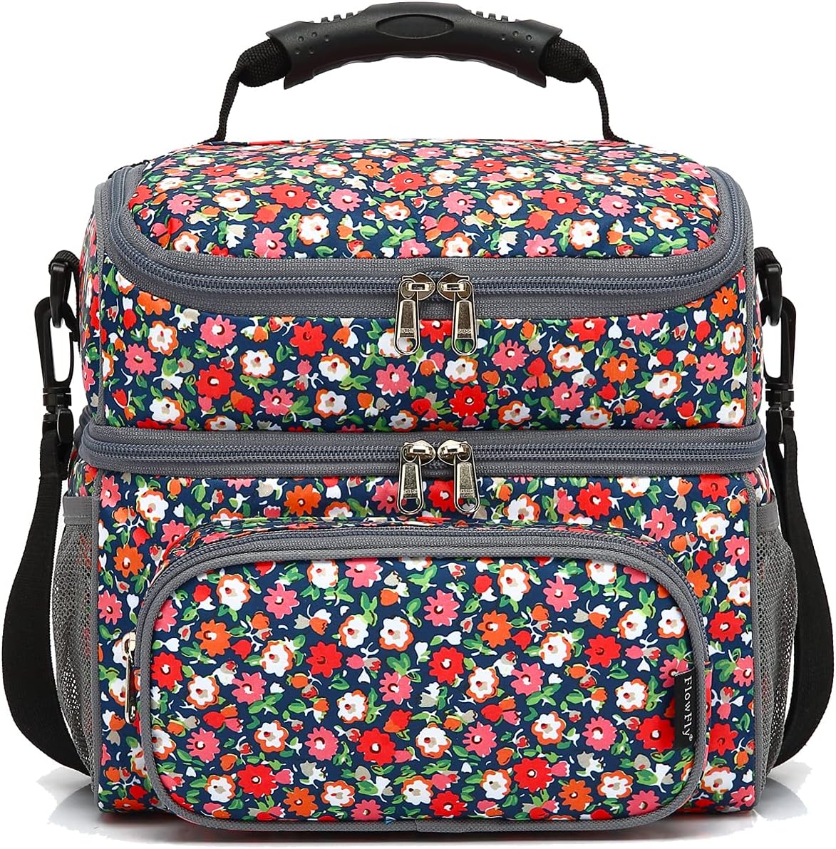 FlowFly Double Layer Cooler Insulated Lunch Bag Adult Lunch Box Large Tote Bag for Men, Women, With Adjustable Strap,Front Pocket and Dual Large Mesh Side Pockets