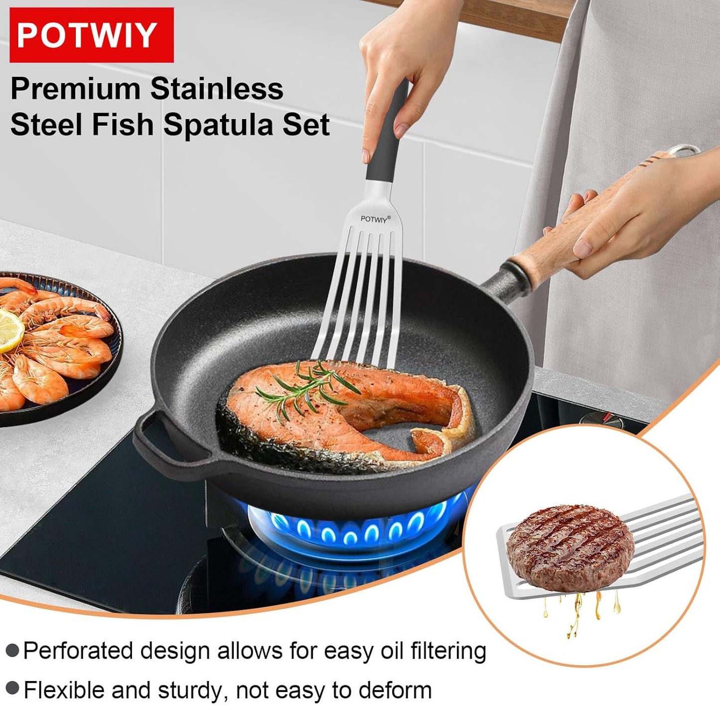 Fish Spatula Stainless Steel, 2 Pcs Metal Spatula Set for Kitchen and Grilling, Slotted Turner with Silicone Handle for Cast Iron Skillet, Cooking Utensils for Fish, Burger, Egg, 13.5" & 11.6"