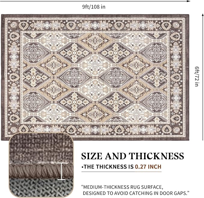 Area Rug for Living Room - Vintage Indoor Machine Washable Rug for Bedroom Dinning Room Floor - Soft Low-Pile Carpet Non-Slip Backing Floral Rugs for Office (Reddish Brown, 6' × 9')