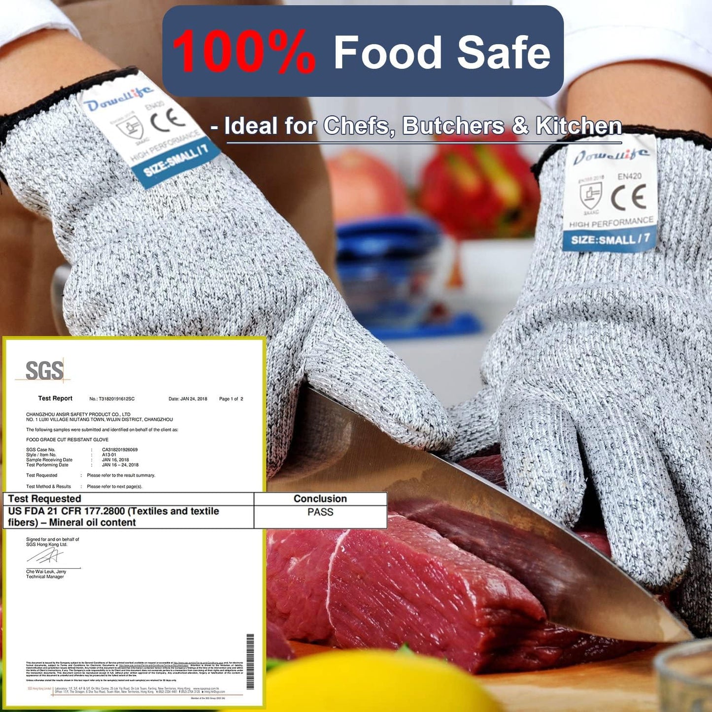 Dowellife Cut Resistant Gloves Food Grade Level 5 Protection, Safety Kitchen Cuts Gloves for Oyster Shucking, Fish Fillet Processing, Mandolin Slicing, Meat Cutting and Wood Carving. (Large-12 Pairs)