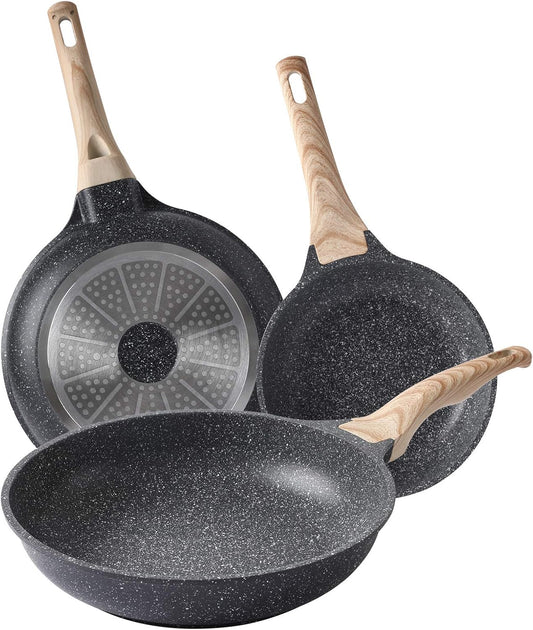 Nonstick Frying Pan Skillets 3-Piece Set 8/9.5/11 inch, Granite Coating Omelette Pan, 100% PFOA free Cookware Pan, Non Stick Stone Frying Pan Skillets Set