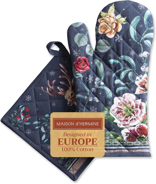 Maison d' Hermine 100% Cotton Oven Mitt & Pot Holder Set (7.5"x13" & 8"x8") Heat Resistant BBQ Cooking Gloves with Loop, Baking, Grilling, Kitchen, Handling Hot Pans (Christmas Joy)