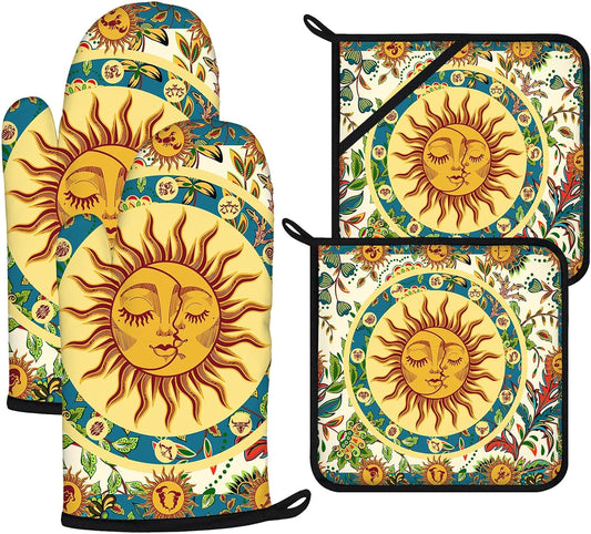 Sun and Moon Oven Mitts and Pot Holders Sets 4Pcs,Extra Long Oven Gloves Potholder for Kitchen Cooking Baking BBQ 100% Cotton Heat Resistant