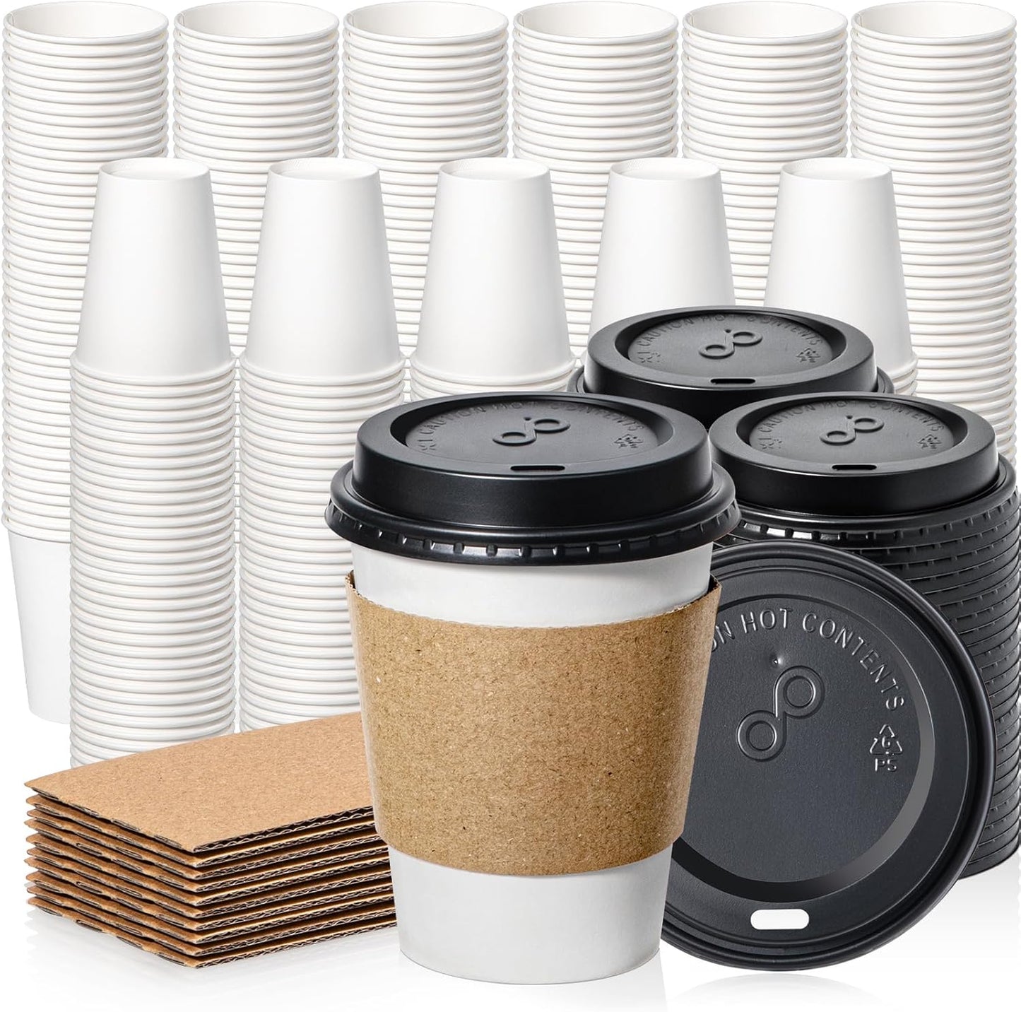 Fit Meal Prep 500 Pack 12 oz Disposable Coffee Cups with Lids, Sleeves, Leak-Proof To Go Coffee Cups with Lids, Durable Paper Cups for Hot Beverage, Home, Office, Party