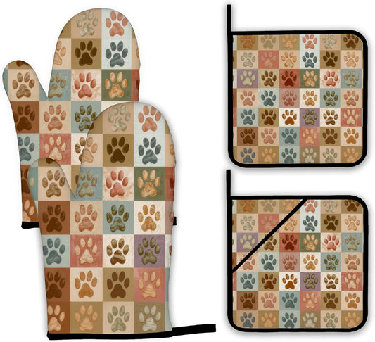 Vintage Dog Cat Paws Oven Mitts and Pot Holders Set,Kitchen Oven Gloves and Pot Holder with Heat Resistant Non Slip for Cooking Baking Grilling(4 Piece Set)