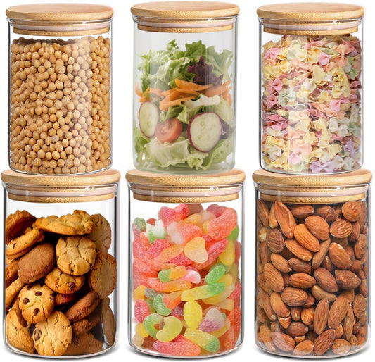 33 oz Glass Food Storage Jars with Airtight Lids, Clear Glass Jar with Bamboo Lid, Airtight Food Canister for Tea, Candy, Coffee, Sugar, Cookie, Snack. (Round | 5+6 Inch) SET of 3