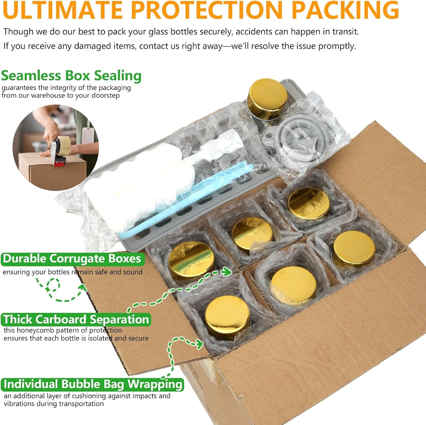 Zukro Glass Water Bottles with Lids 18 oz, Reusable Juice Bottles for Juicing, Leak Proof Juice Storage Containers for Fridge, Clear Drinking Jars With Stainless Steel Caps, BPA Free, Set of 6 Gold