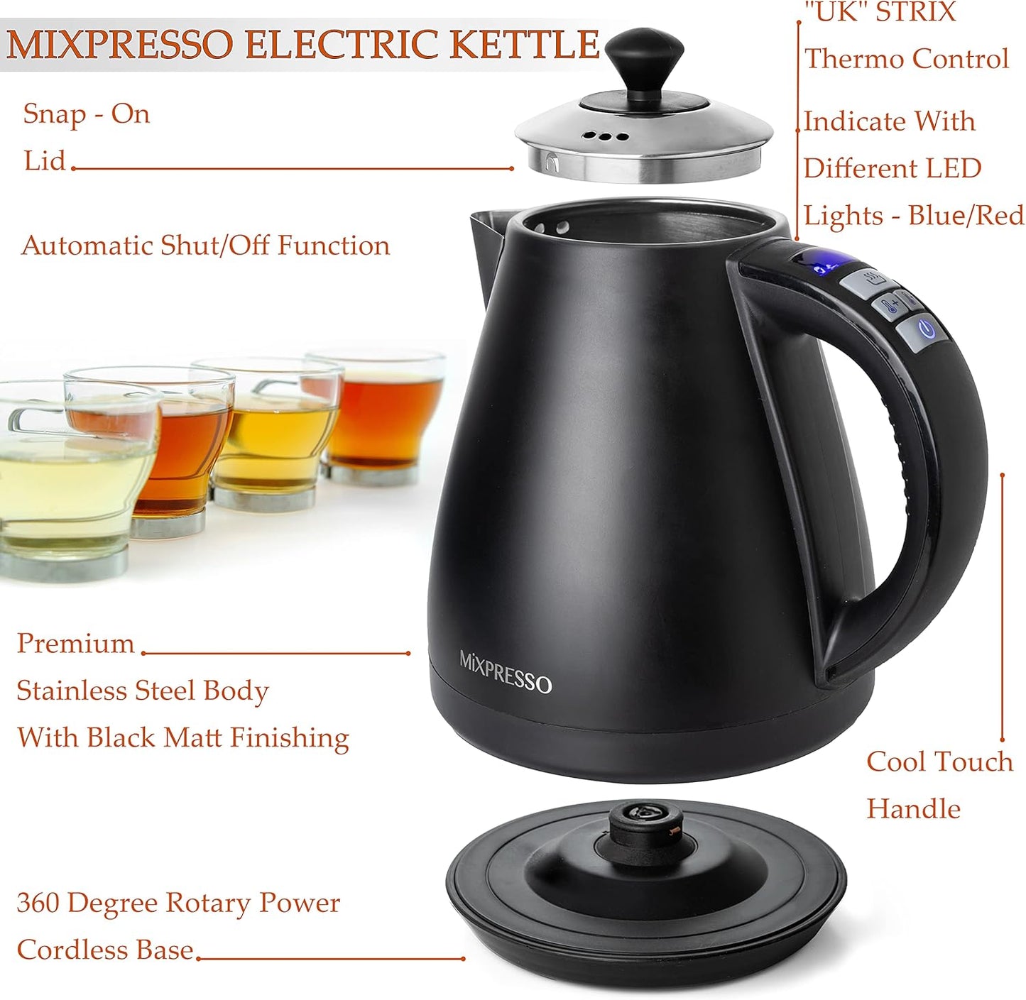 Mixpresso Electric Kettle Temperature Control, Hot Water Kettle Electric, Cordless 1 Liter Capacity, Keep Warm & Led Indicator, Auto-Shutoff, Boil-Dry Protection, Black Electric Kettle