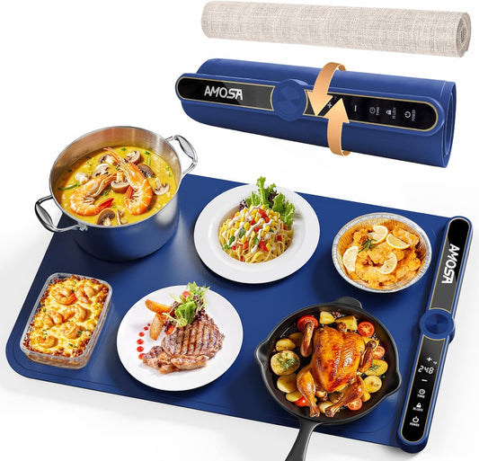 Warming Mat for Food, Fast Heating Electric Food Warmers with 9 Level Temperature and 6 Hours Timer, Large Roll Up Silicone Food Heating Mat, Portable Warming Trays for Buffets Party (Blue)