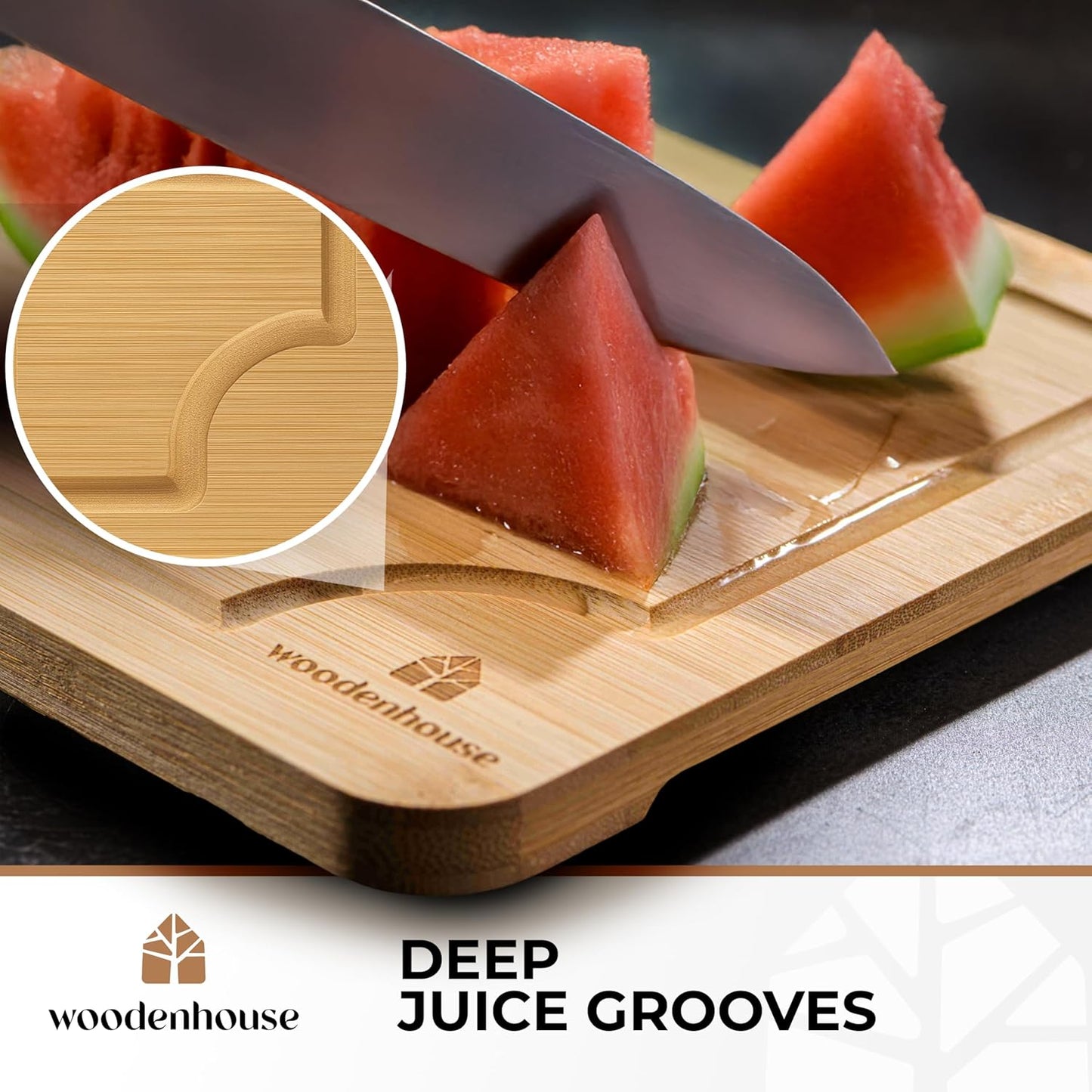 Bamboo Cutting Board Set of 3 - Thick & Durable Wood Cutting Boards with Deep Juice Grooves & Build-in Handles, Large Surface, Easy to Clean – for Meat, Vegetables and Fruits