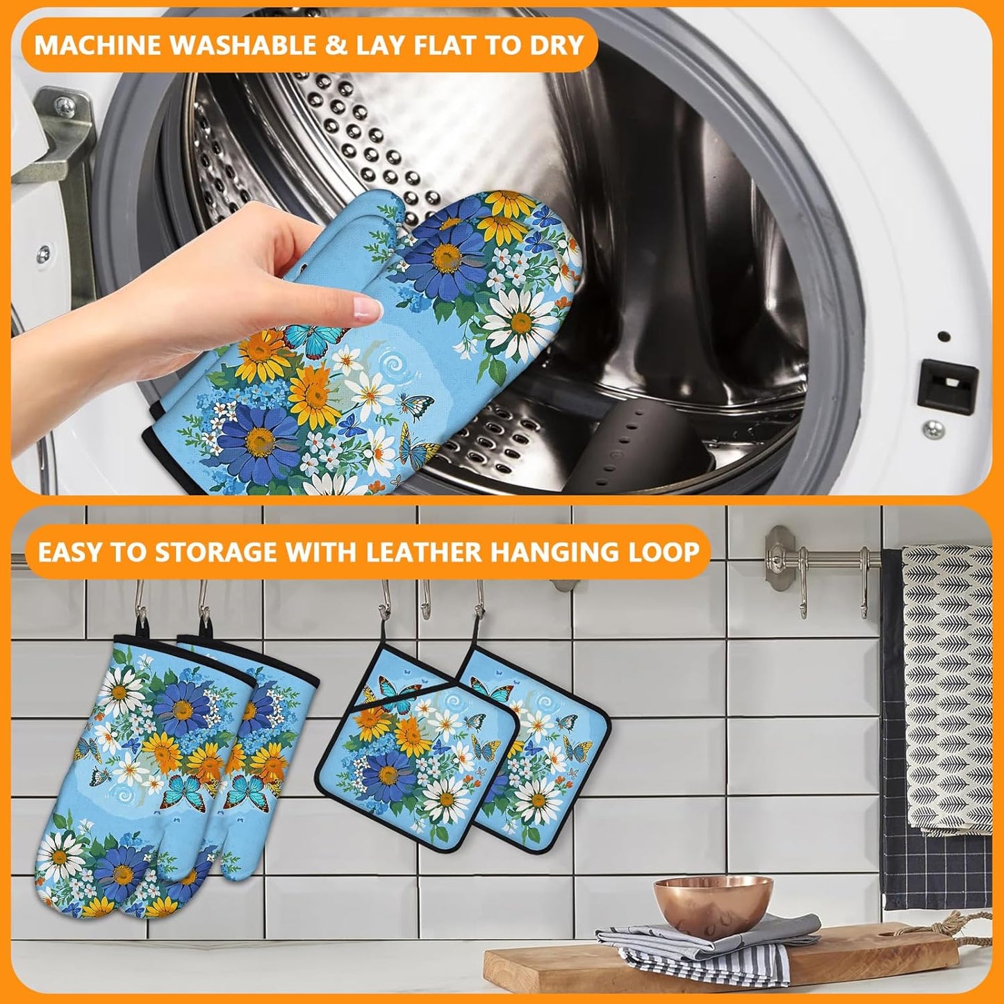 Sunflower Butterfly Oven Mitts and Pot Holders Sets 4Pcs,Extra Long Oven Gloves Potholder for Kitchen Cooking Baking BBQ 100% Cotton Heat Resistant