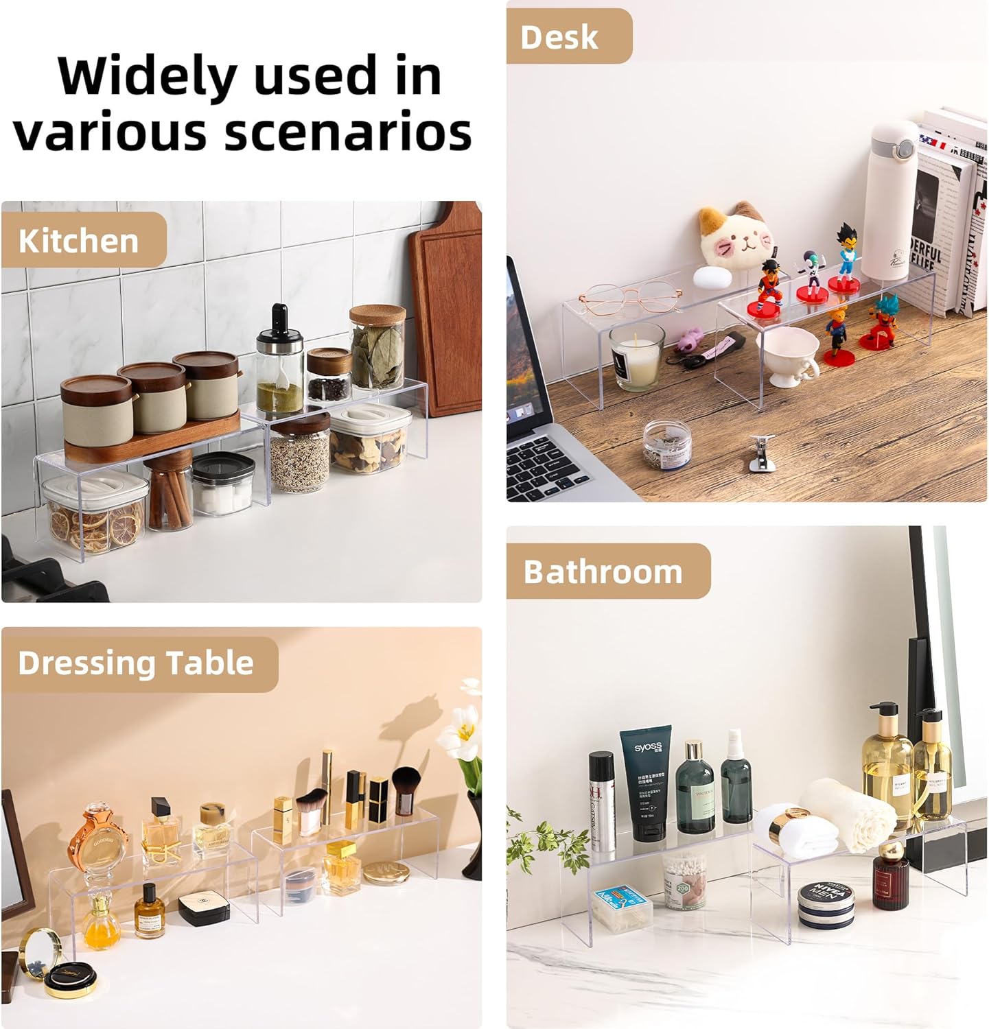 4 Packs Cabinet Organizer Shelf, Acrylic Kitchen Counter Shelves Organizer, Spice Rack for Dishes, Spices, Soda Cans and Bottles（12.4 x 4 x 4.6 inch）