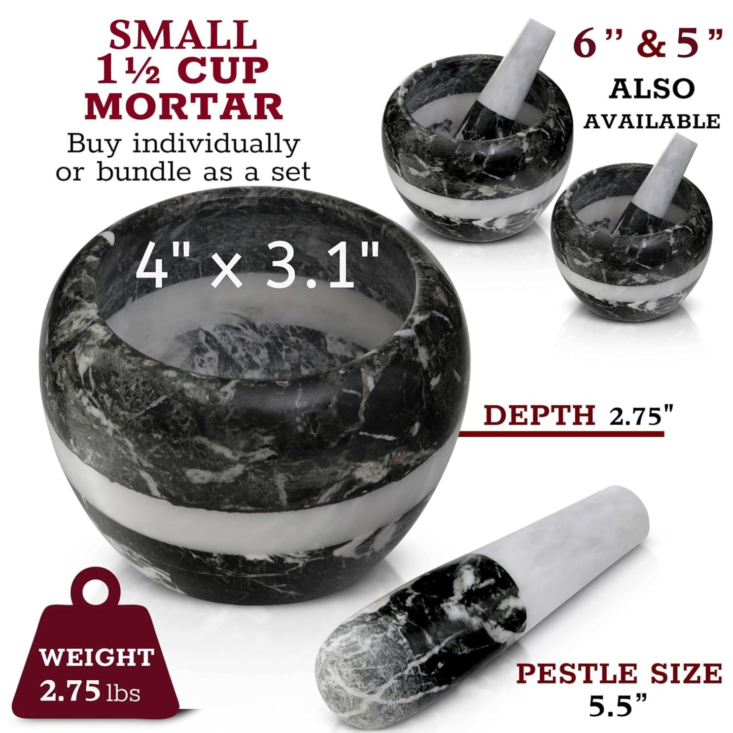 Gusto Nostro Natural Marble Mortar and Pestle Set Small| 4 Inch - 1.5 Cup | Mini Mortar Pestle Set for Grinding Herbs, Nuts, Grains | Pesto Grinding and Guacamole Stone Bowl | Marble Spice Crusher