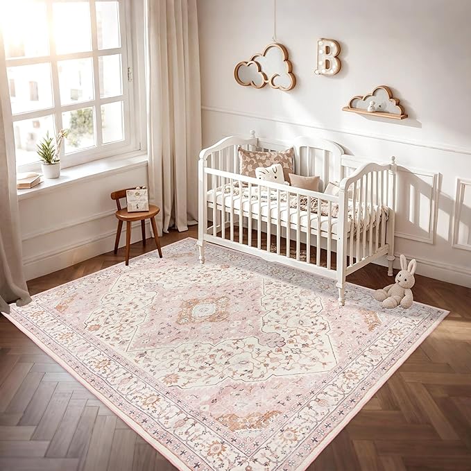 Area Rug for Living Room - Vintage Indoor Machine Washable Rug for Bedroom Dinning Room Floor - Soft Low-Pile Carpet Non-Slip Backing Floral Rugs for Office (Pink, 8' × 10')