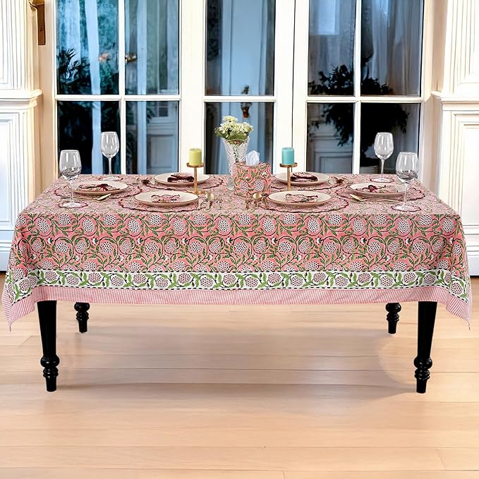 Ridhi Strawberry Pink Hand Block Print Cotton Rectangle Tablecloth 90 x 60 inch-Reusable Table Cover Decorative Everyday Use for Dining Room, Farmhouse, Thanksgiving, Christmas Wedding, Fall