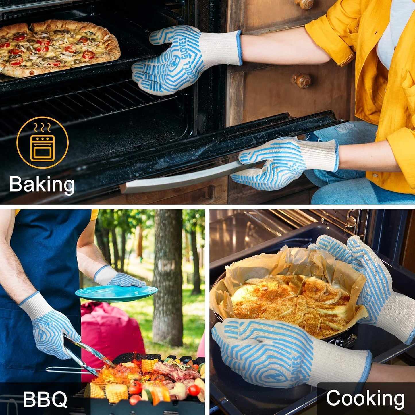 QUWIN BBQ Gloves, Oven Gloves 1472℉ Extreme Heat Resistant, Grilling Gloves Silicone Non-Slip Oven Mitts, Kitchen Gloves for BBQ, Grilling, Cooking, Baking-1 Pair… (Blue, One Size Fits Most)