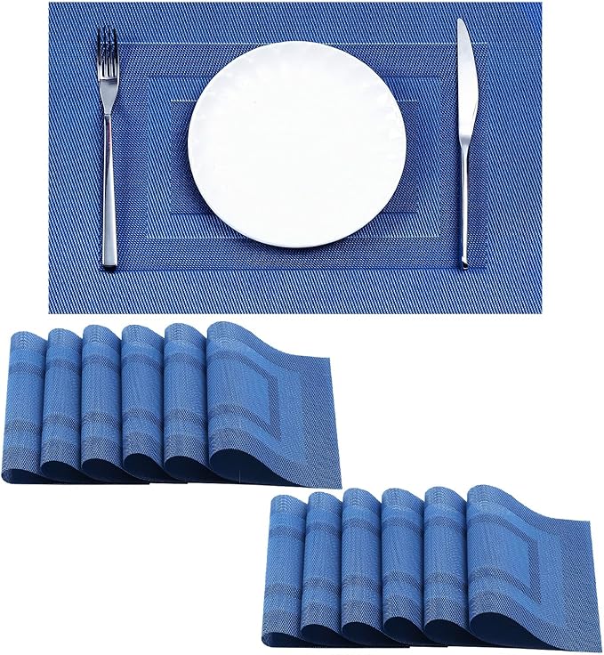 Leetaltree Blue Frame Placemats Set of 12 - Heat Resistant Non-Slip Place mats for Dining Table, Washable Durable PVC Vinyl Woven Table Mats（Blue Frame, 12）