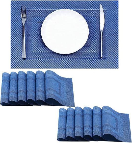 Leetaltree Blue Frame Placemats Set of 12 - Heat Resistant Non-Slip Place mats for Dining Table, Washable Durable PVC Vinyl Woven Table Mats（Blue Frame, 12）