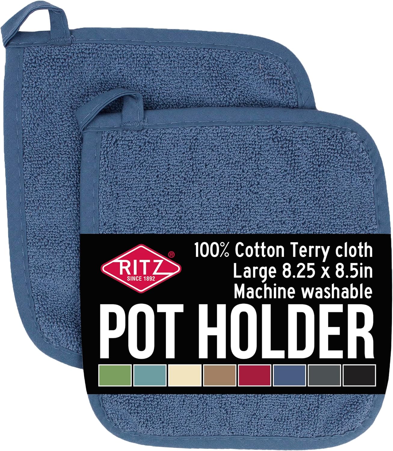 RITZ Terry Potholder & Hot Pad: Unparalleled Heat Resistant, Durable 100% Cotton – Ergonomically Designed for Optimal Grip – Easy-Care Machine Washable – 2-Pack, Federal Blue