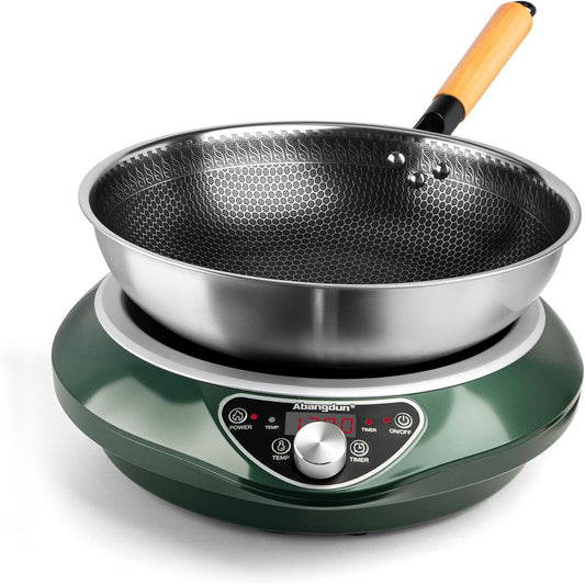 1700W/85V~120V Electric Wok Used For Home And Commercial,Induction Cooktop With Stainless Steel Pot Provide Quick Heat-up and Faster Cooking Times