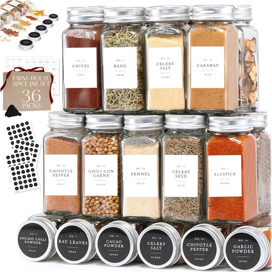 Glass Spice Jars with Labels with Metal Lids and Shakers Farmhouse 36 Pack Set, 4oz Small Clear Empty Spice Bottles Seasoning Containers with Label Organizer Square Herb Seasoning Jars for Kitchen