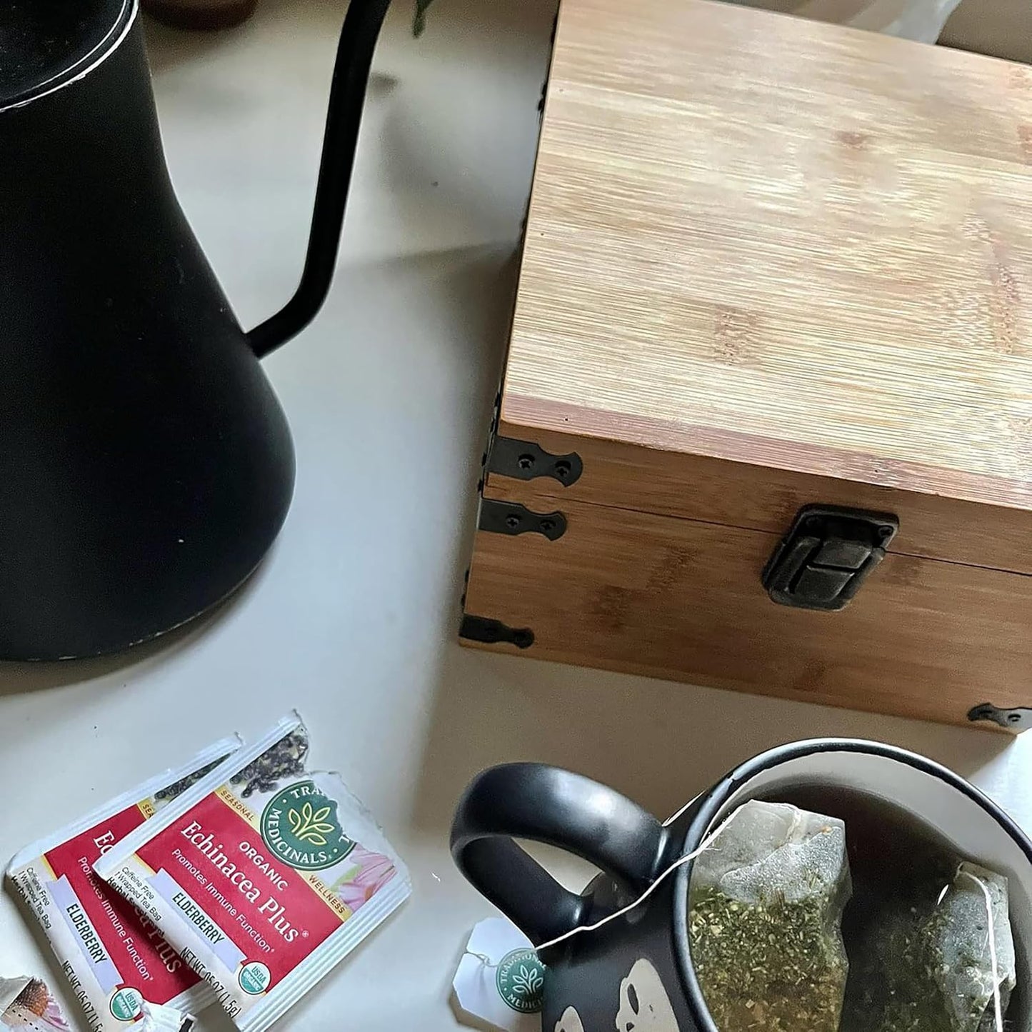 Bamboo Tea Organizer Box Chemical Free Eco-Friendly Big, Tall, Adjustable Cubbies Natural Wooden Storage Chest (4-Slot Square 7.4" x 8.1" x 4.2")