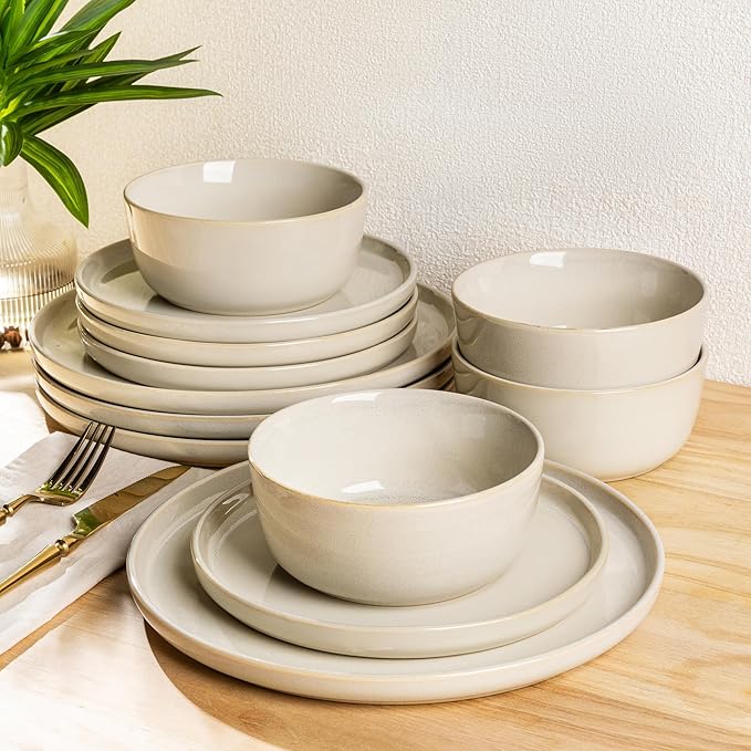 AmorArc Stoneware Dinnerware Sets,Round Reactive Glaze Ceramic Plates and Bowls Sets,Highly Scratch Resistant | Dishwasher & Microwave Safe,Service for 8 Dishes Set (24pc)