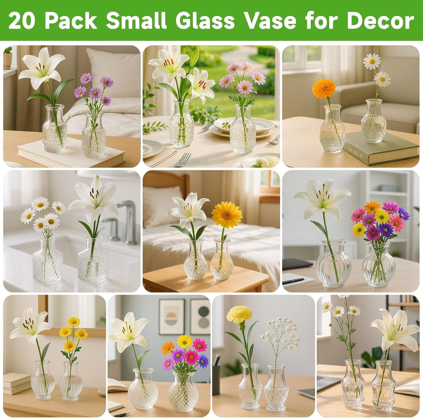 Glass Bud Vase Set of 20 Pcs, Small Clear Bud Vases for Flowers, Vintage Vases for Centerpiece Table Wedding Decorations Home Decor Glass Bottles for Birthday Party Anniversary