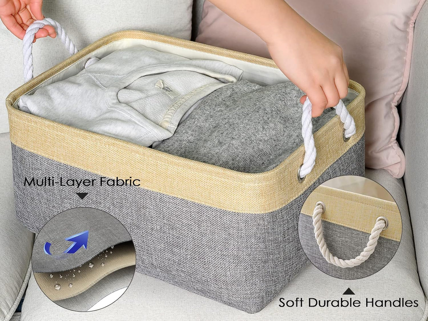 TheWarmHome Storage Basket - 15.7L×11.8W×8.3H 1 Pack Large Baskets for Organizing Shelves, Storage Bins for Clothes Book Shelf Home Fabric Storage Cubes (Gold and Grey)