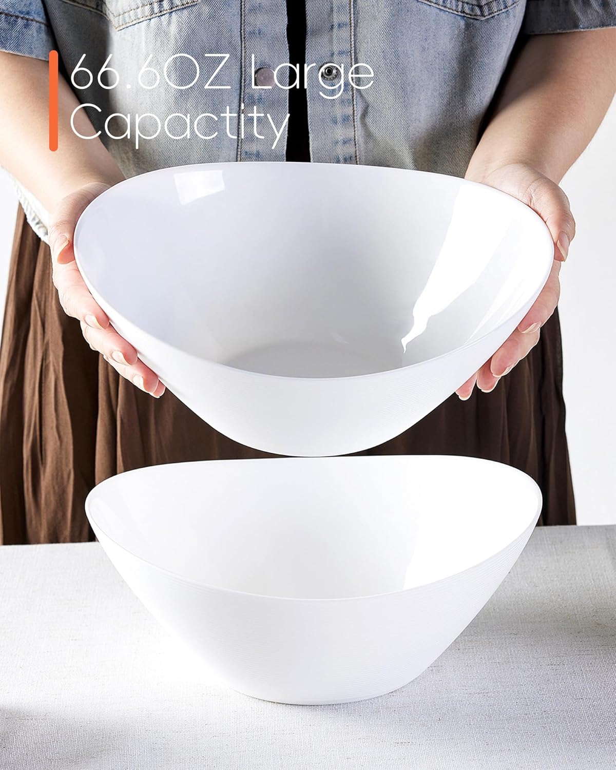 66 OZ Salad Bowl Set of 2, Opal Glass 10 inch Lightweight Serving Dishes for Salad, Fruit, Kitchen Microwave & Dishwasher Safe, Oval Shape White