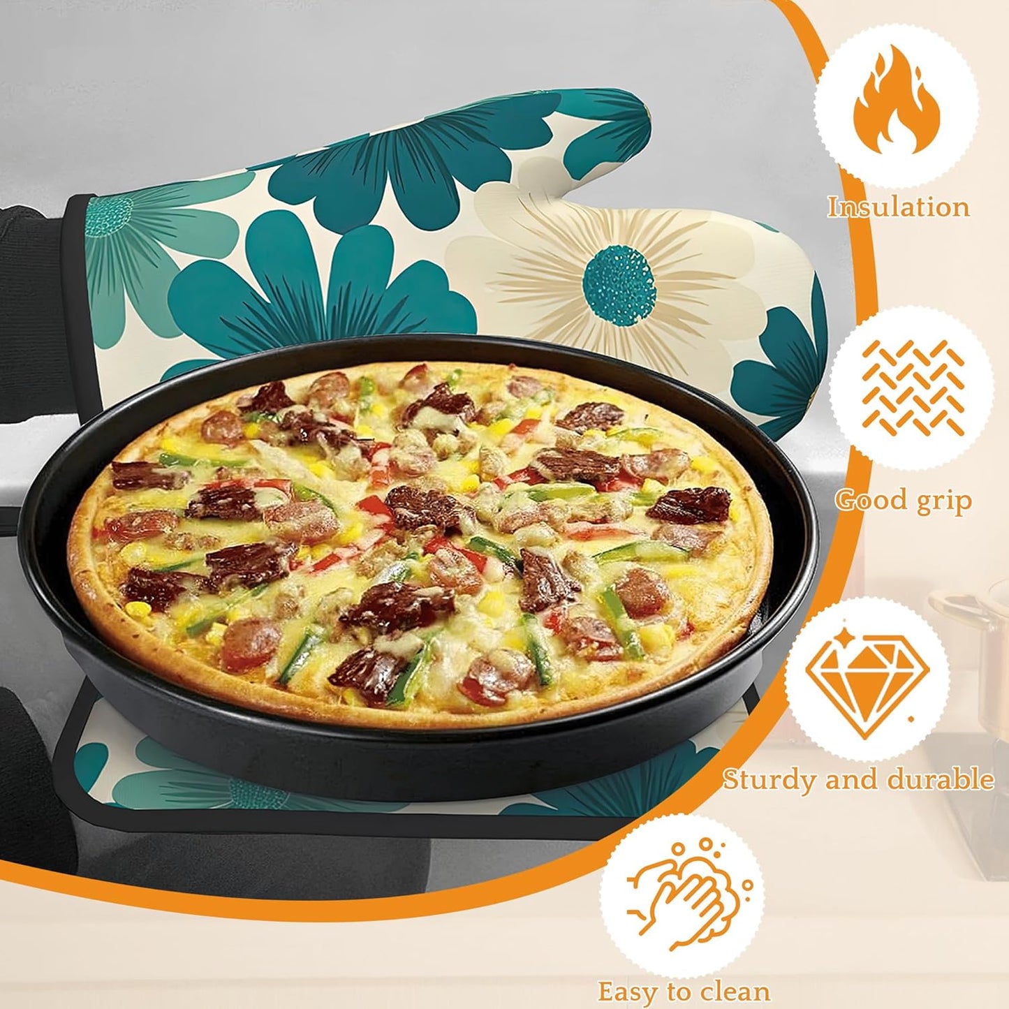 Abstract Daisy Flower Oven Mitts and Pot Holders,Retro Groovy Flowers Heat Resistant Oven Mitts Gloves and Pot Holder for Home Kitchen Decorations Cooking Baking BBQ Gifts,Set of 4