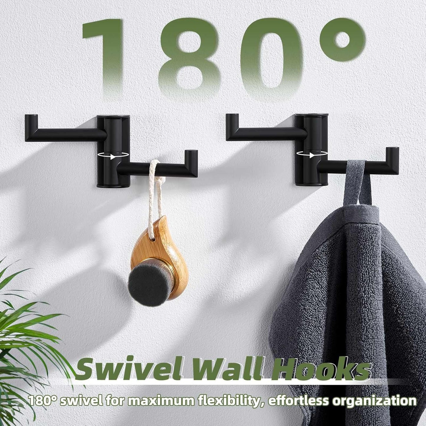 APLusee Swivel Towel Hook Matte Black 2 Pack, 304 Stainless Steel Towel Holder Bathroom Robe Hook, Folding Wall Hook Wall Mounted