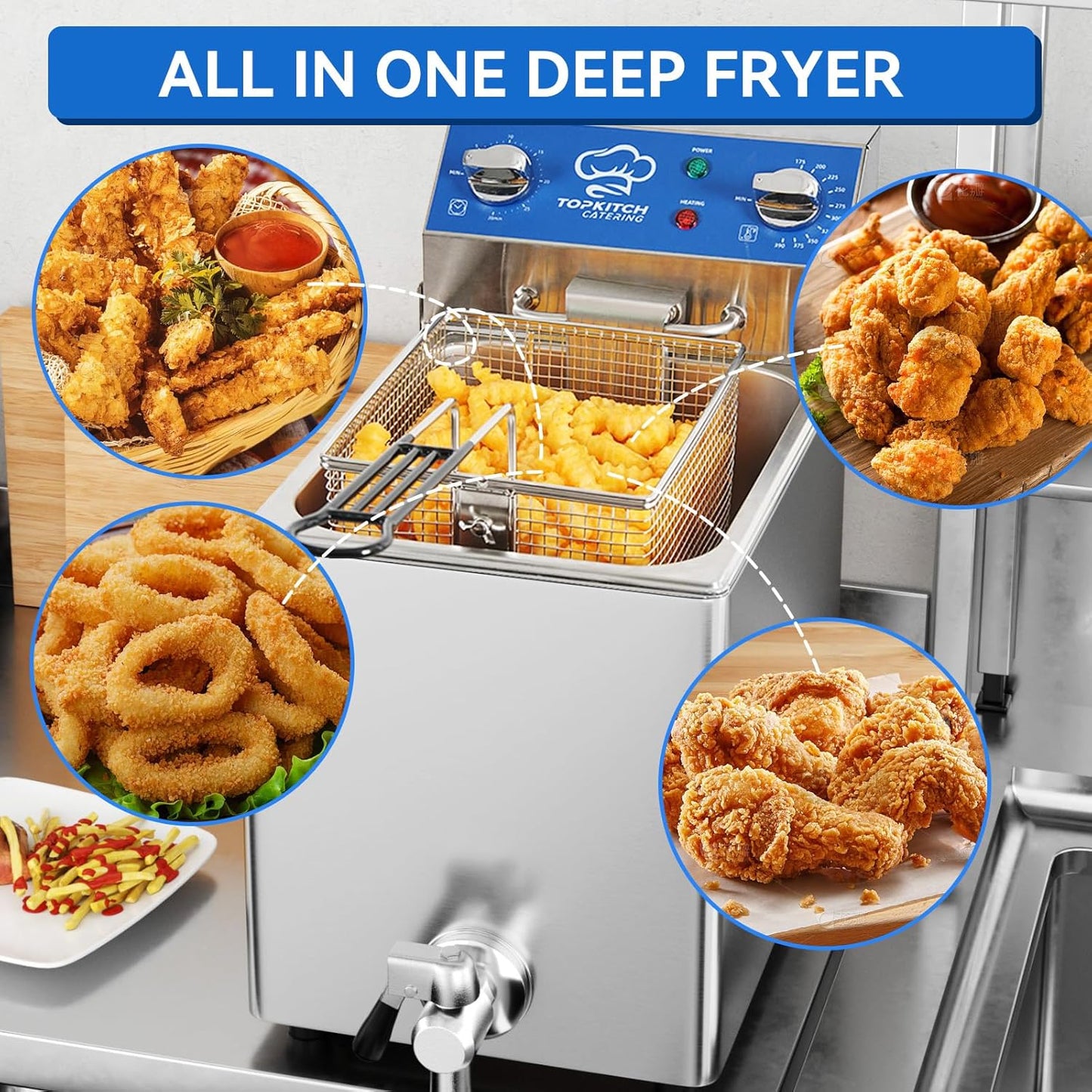 8.5Qt Electric Fryer with Oil Drain,30 Minutes Timer,Stretch forming oil tank,Lid and Solid Wire Mesh Basket,Medium Duty Commercial Electric Countertop Deep Fryers-120V,1800W