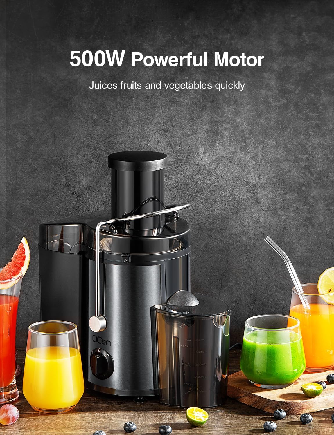 QCen Juicer Machine, 500W Centrifugal Juicer Extractor with Wide Mouth 3” Feed Chute for Fruit Vegetable, Easy to Clean, Stainless Steel, BPA-free (Metallic Black)