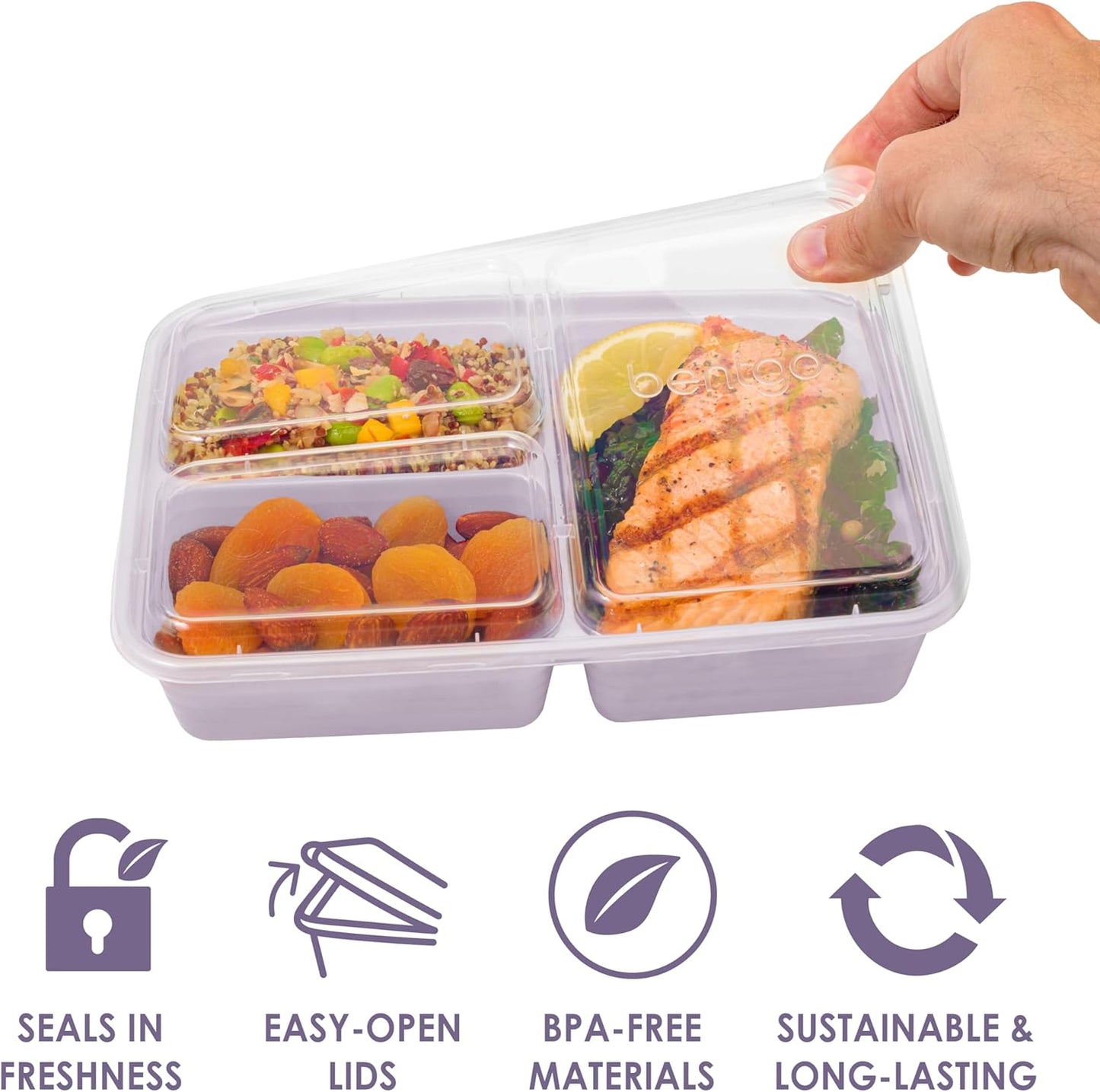 Bentgo 20-Piece Lightweight, Durable, Reusable BPA-Free 3-Compartment Containers - Microwave, Freezer, Dishwasher Safe - Lilac
