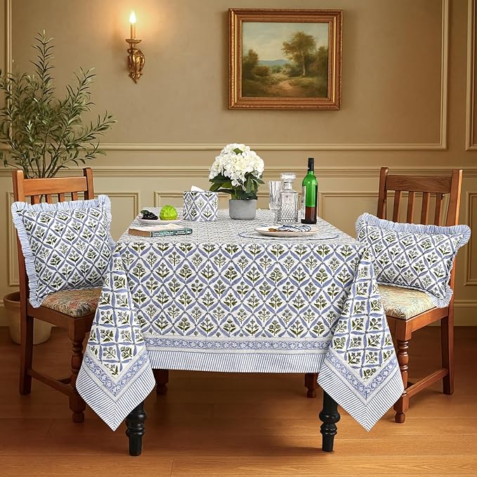 Ridhi Light Steel Blue Hand Block Print Cotton Rectangle Tablecloth 120 x 60 inch-Reusable Table Cover Decorative Everyday Use for Dining Room, Farmhouse, Thanksgiving, Christmas Wedding, Fall