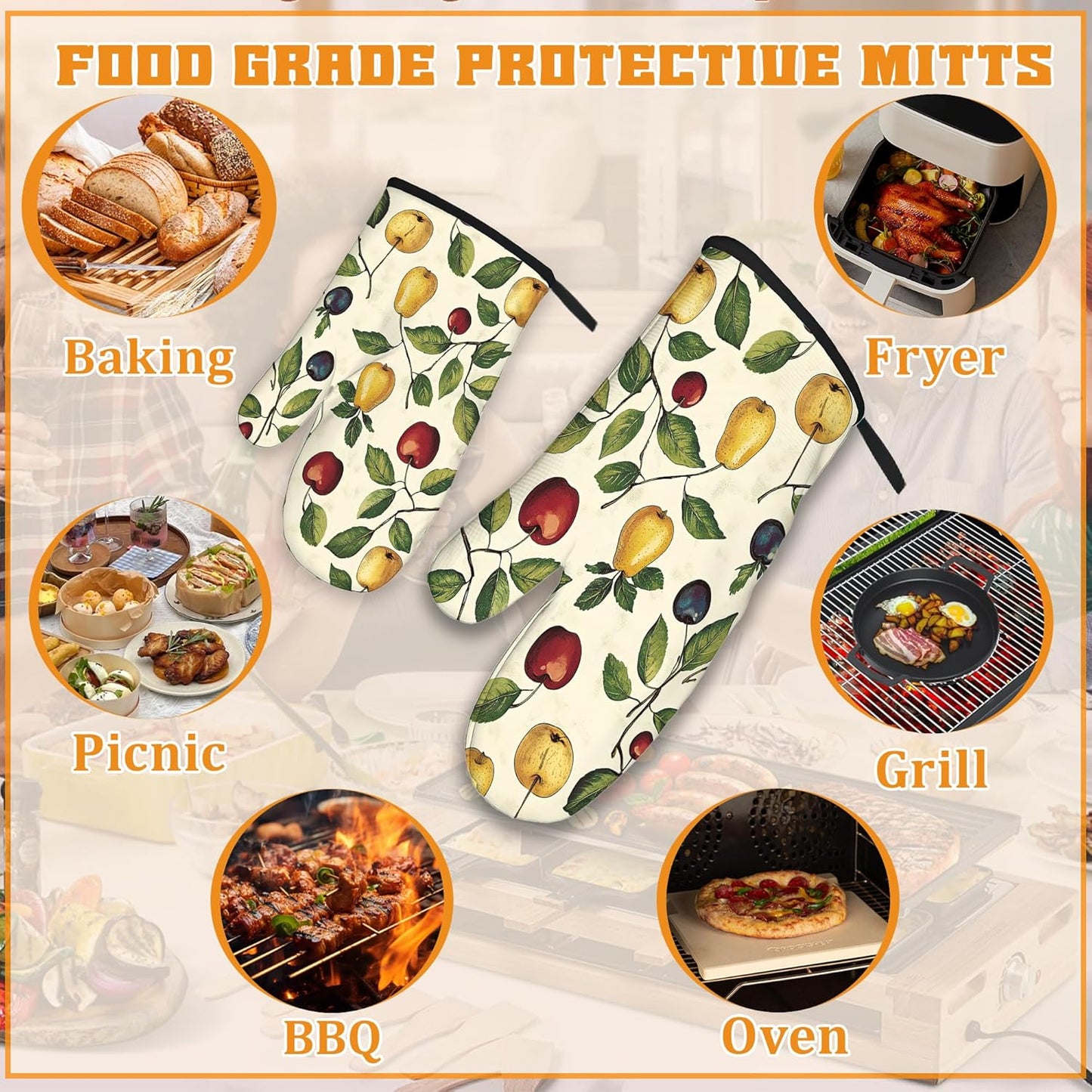 Retro Fruit Oven Mitts and Pot Holders Set,Cherry Kitchen Oven Gloves and Pot Holder with Heat Resistant Non Slip for Cooking Baking Grilling(4 Piece Set)