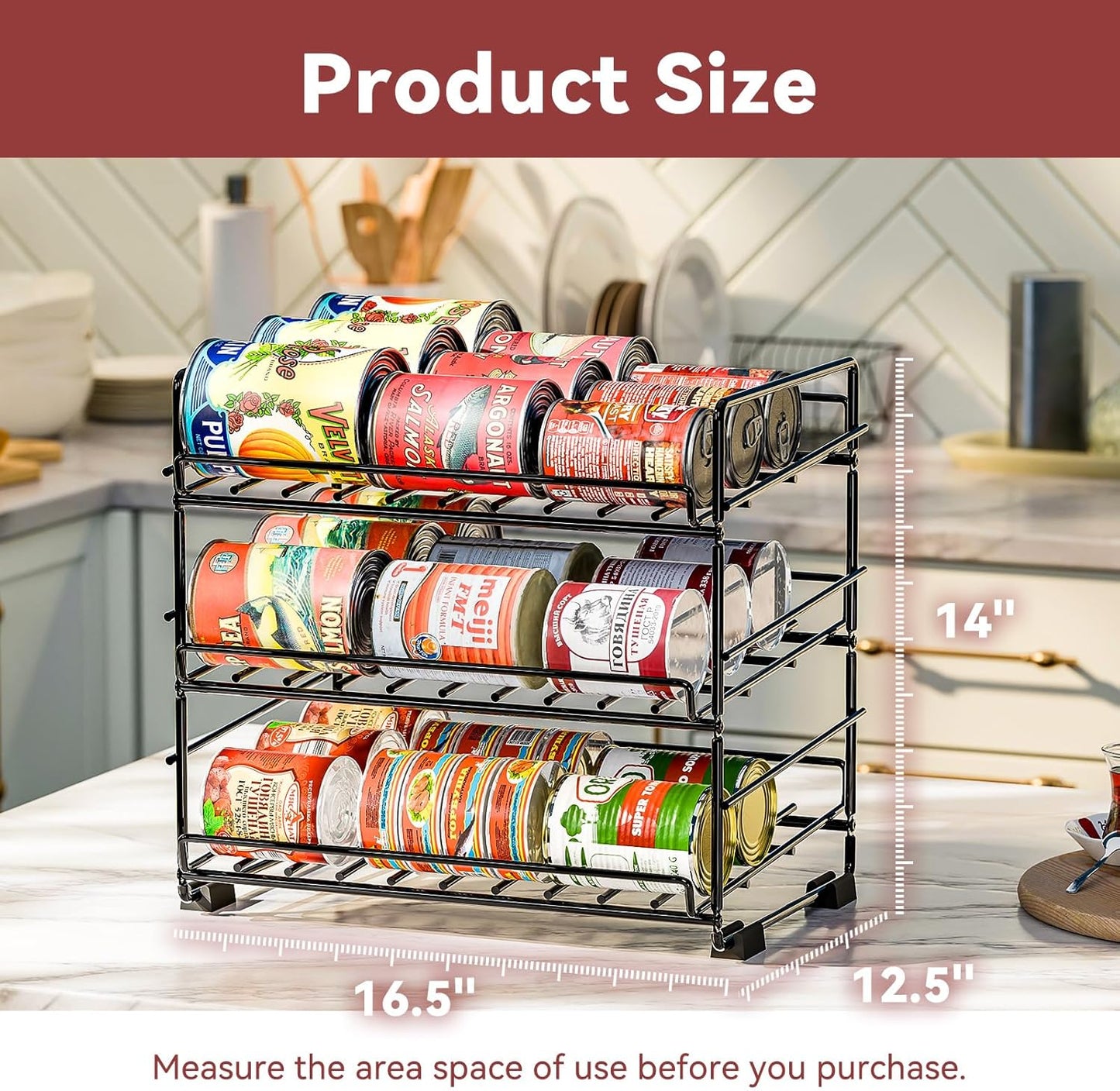 SUFAUY 3 Tier Can Organizer for Pantry, Holds 36 Cans for Cabinet Storage or Kitchen Shelves, 12" d X 16.5" w X 14" h, Black
